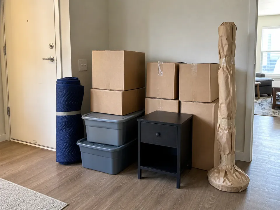 Small moving load with boxes, bins, nightstand and wrapped floor lamp near apartment door