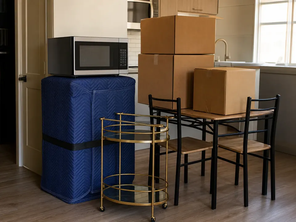 Kitchen moving load with wrapped compact refrigerator, microwave, bar cart, boxes, table and chairs
