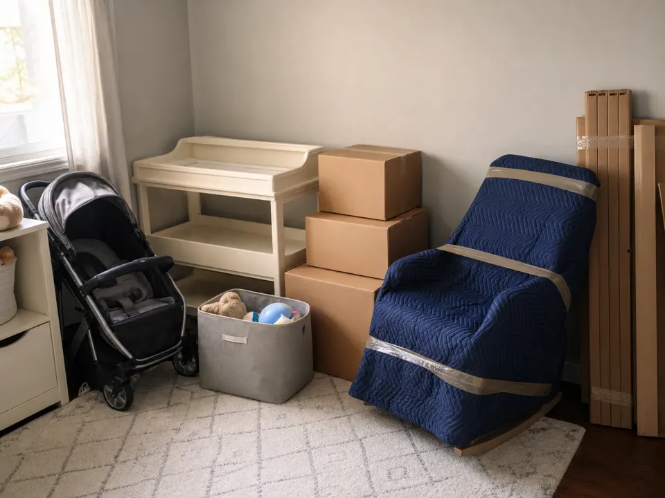 Nursery moving load with crib bundle, changing table, rocking chair, boxes, stroller and toy bin