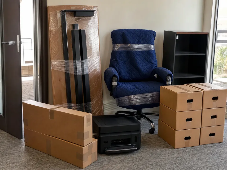 Home office load with desk bundle, office chair, monitor boxes, printer, file boxes and bookshelf